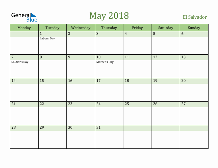 May 2018 Calendar with El Salvador Holidays