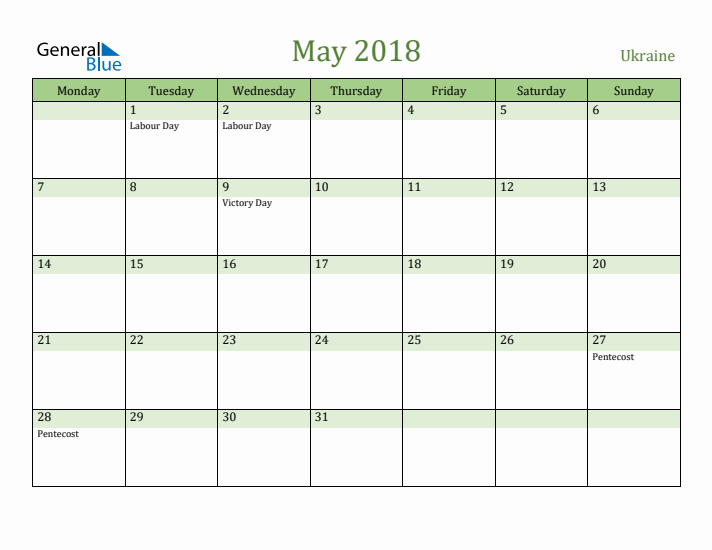 May 2018 Calendar with Ukraine Holidays