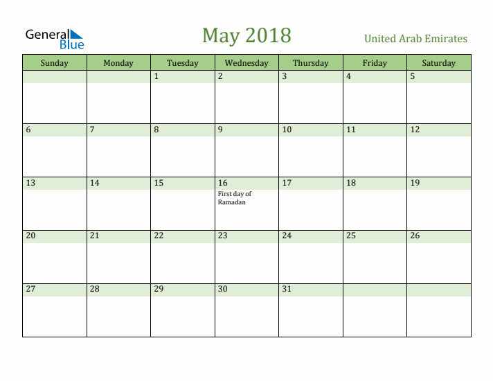 May 2018 Calendar with United Arab Emirates Holidays