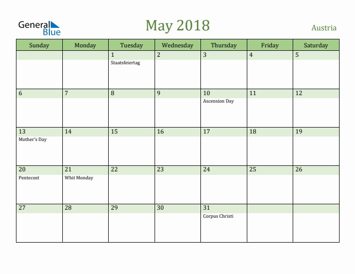 May 2018 Calendar with Austria Holidays