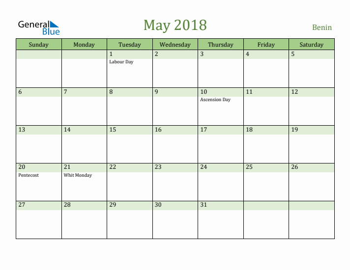 May 2018 Calendar with Benin Holidays