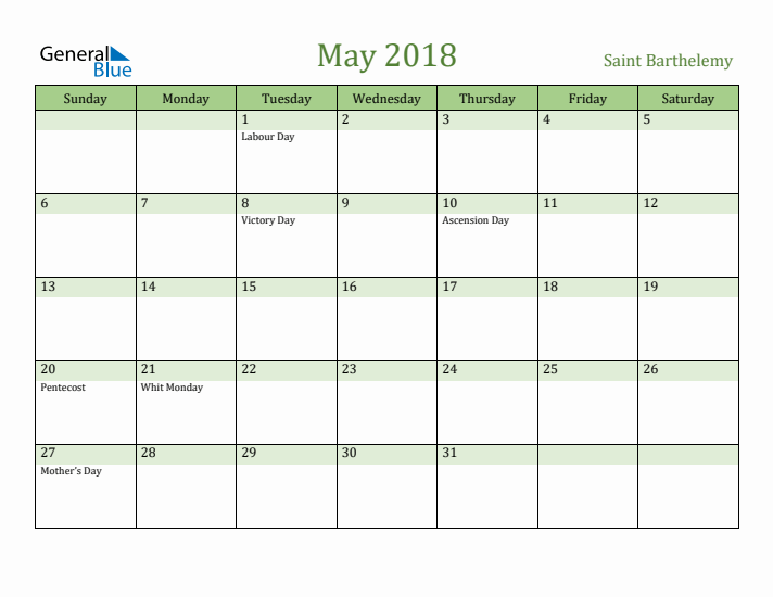 May 2018 Calendar with Saint Barthelemy Holidays