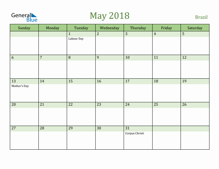 May 2018 Calendar with Brazil Holidays