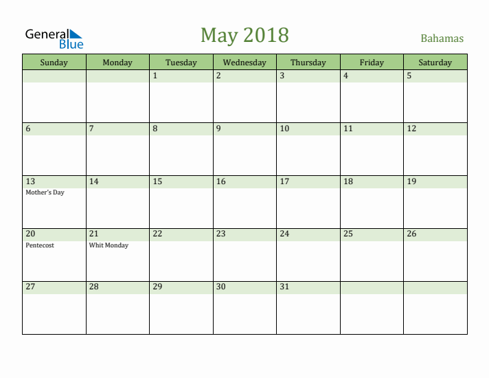 May 2018 Calendar with Bahamas Holidays