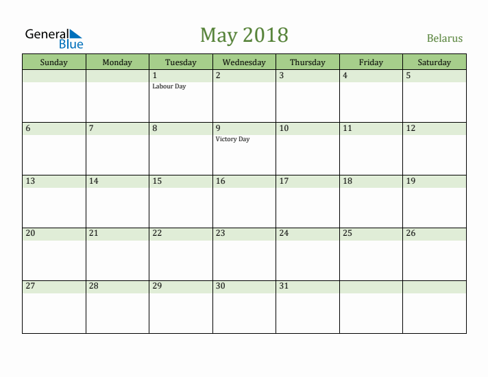 May 2018 Calendar with Belarus Holidays