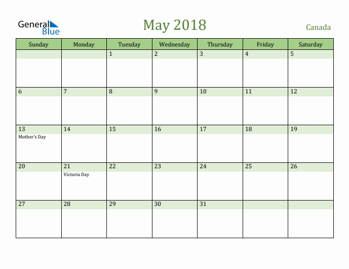 May 2018 Calendar with Canada Holidays