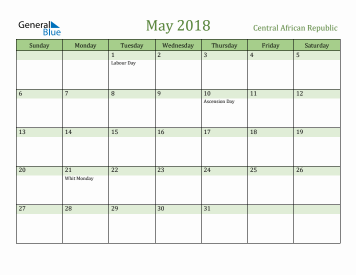 May 2018 Calendar with Central African Republic Holidays