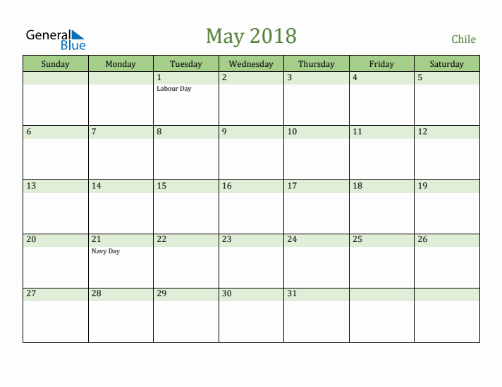 May 2018 Calendar with Chile Holidays