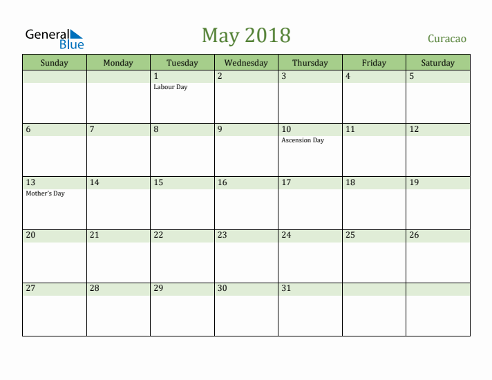 May 2018 Calendar with Curacao Holidays