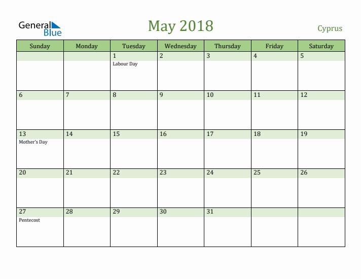 May 2018 Calendar with Cyprus Holidays