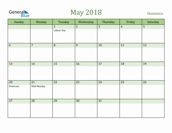 May 2018 Calendar with Dominica Holidays