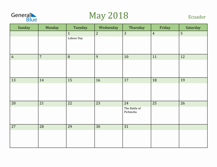 May 2018 Calendar with Ecuador Holidays