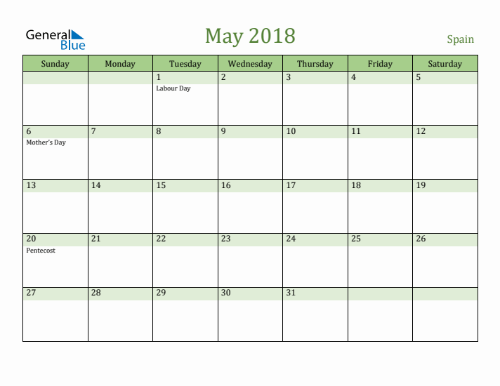 May 2018 Calendar with Spain Holidays