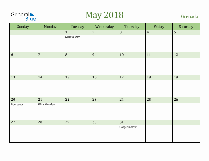 May 2018 Calendar with Grenada Holidays