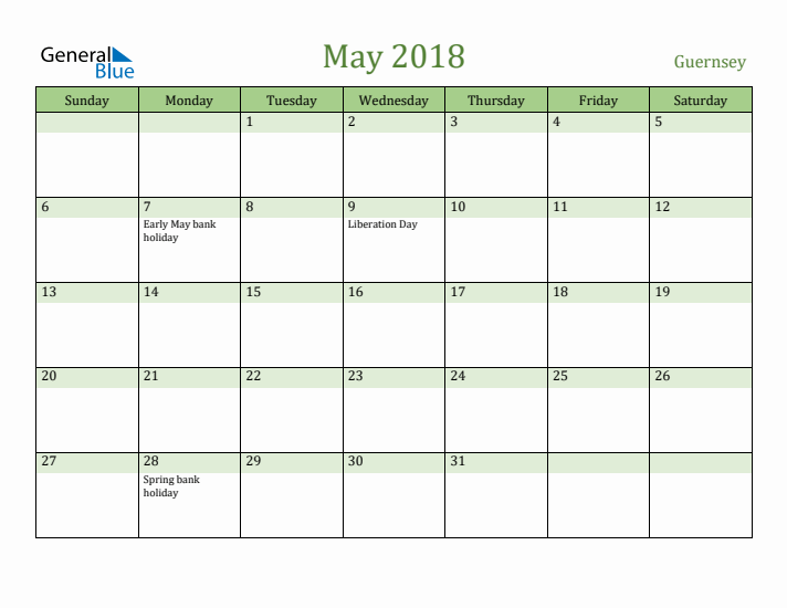 May 2018 Calendar with Guernsey Holidays