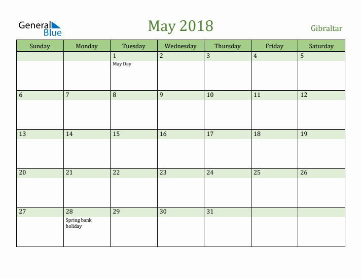 May 2018 Calendar with Gibraltar Holidays