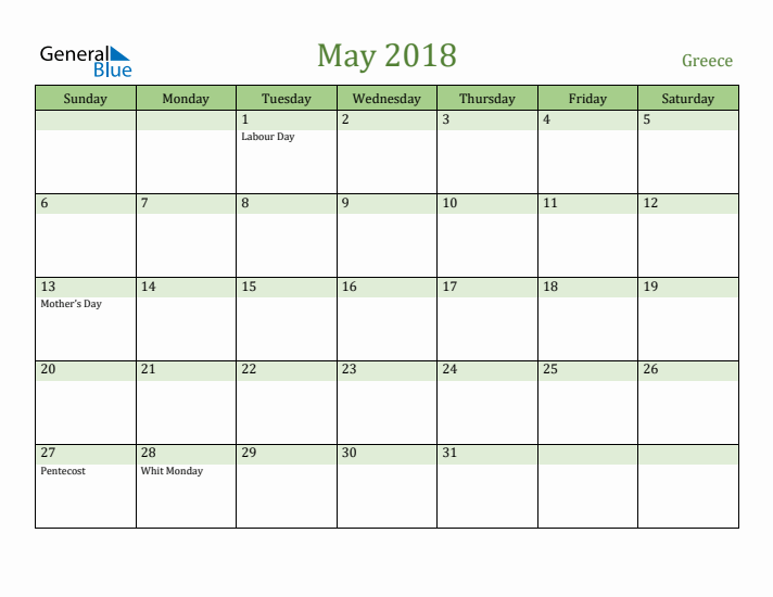 May 2018 Calendar with Greece Holidays