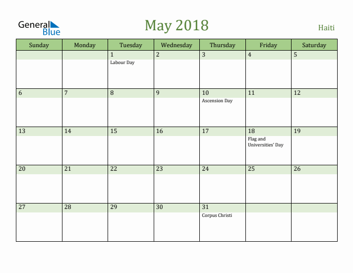 May 2018 Calendar with Haiti Holidays