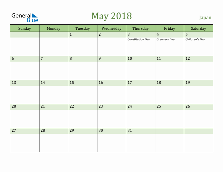 May 2018 Calendar with Japan Holidays