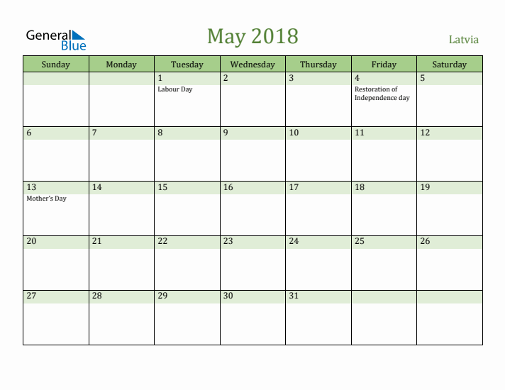 May 2018 Calendar with Latvia Holidays