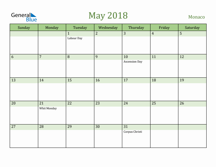 May 2018 Calendar with Monaco Holidays