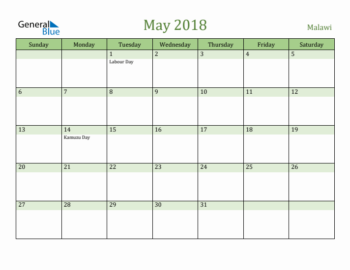 May 2018 Calendar with Malawi Holidays