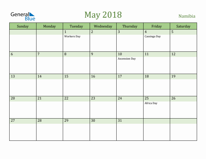 May 2018 Calendar with Namibia Holidays