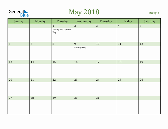 May 2018 Calendar with Russia Holidays