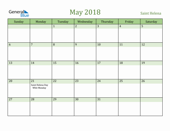 May 2018 Calendar with Saint Helena Holidays