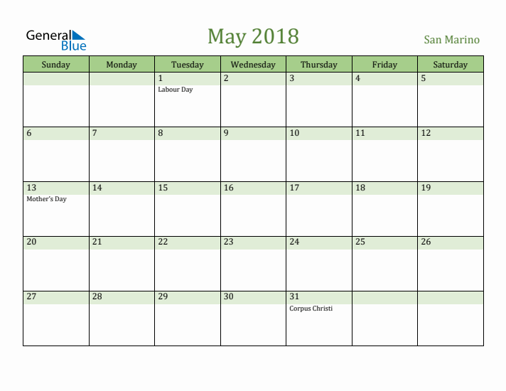 May 2018 Calendar with San Marino Holidays