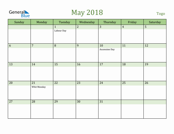 May 2018 Calendar with Togo Holidays