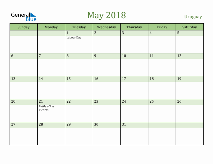 May 2018 Calendar with Uruguay Holidays