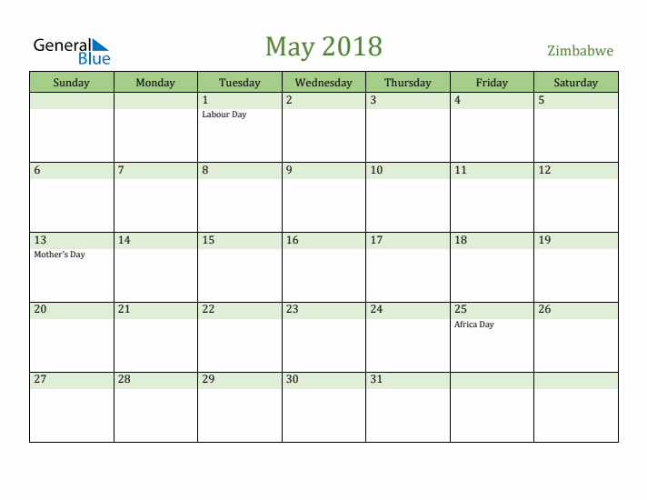 May 2018 Calendar with Zimbabwe Holidays