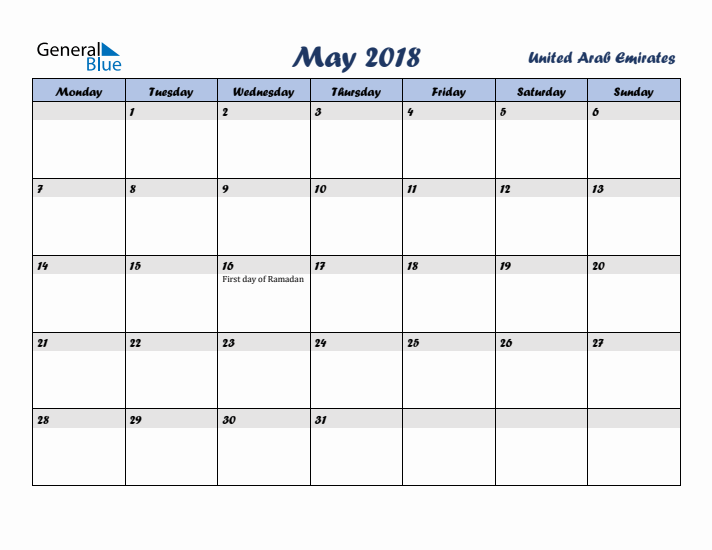 May 2018 Calendar with Holidays in United Arab Emirates