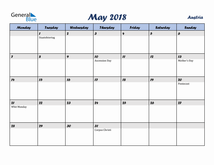 May 2018 Calendar with Holidays in Austria