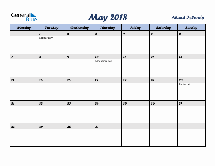 May 2018 Calendar with Holidays in Aland Islands