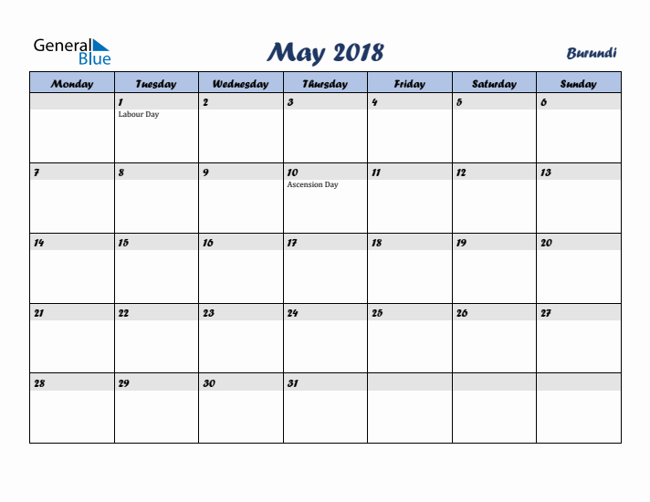 May 2018 Calendar with Holidays in Burundi