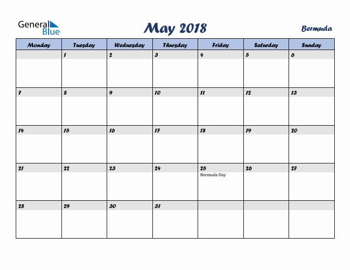 May 2018 Calendar with Holidays in Bermuda