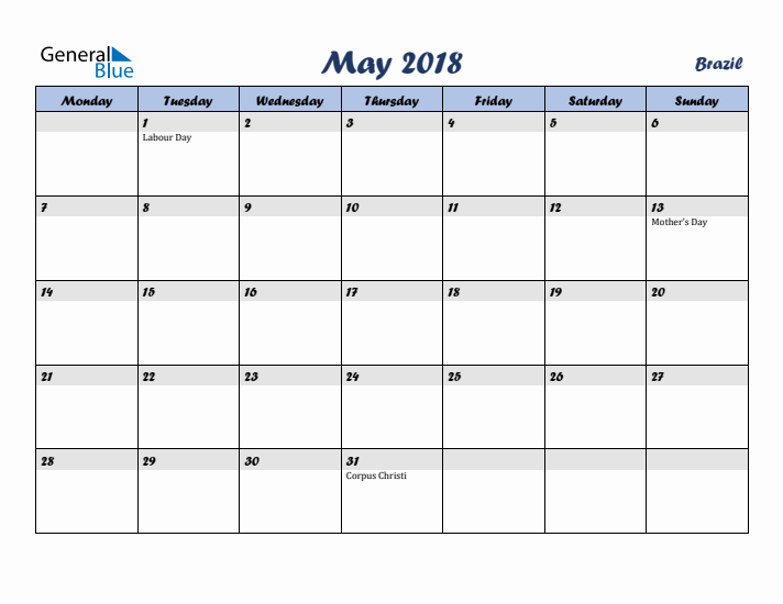 May 2018 Calendar with Holidays in Brazil