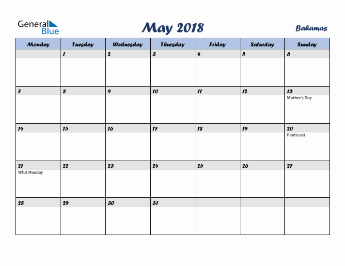 May 2018 Calendar with Holidays in Bahamas