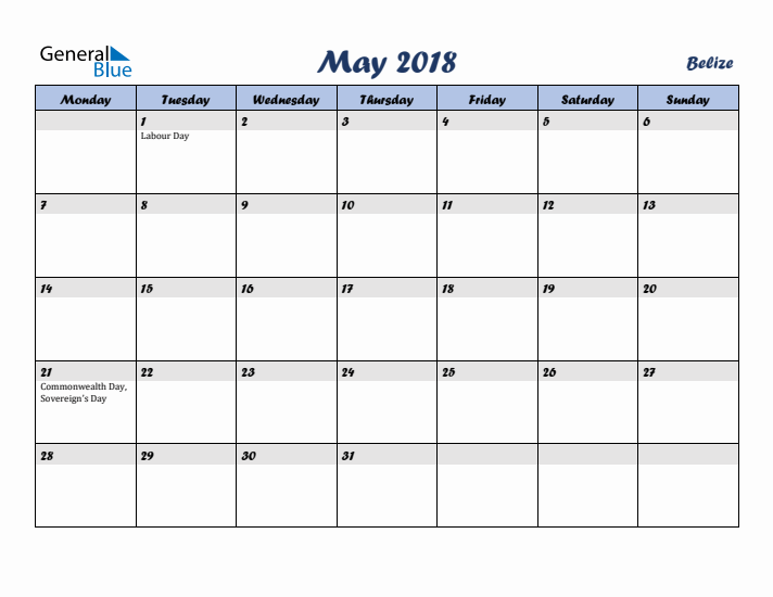 May 2018 Calendar with Holidays in Belize