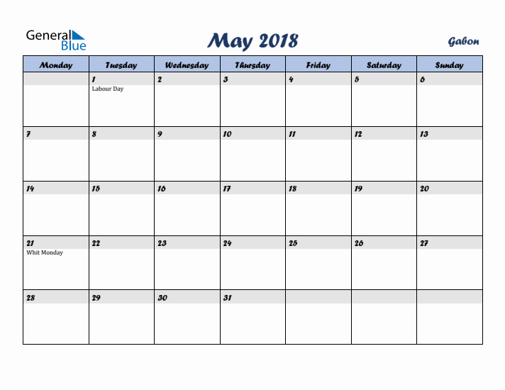 May 2018 Calendar with Holidays in Gabon