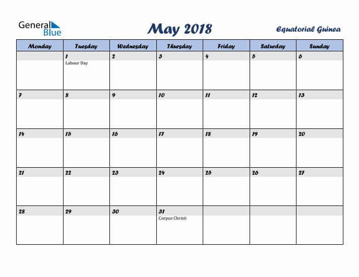 May 2018 Calendar with Holidays in Equatorial Guinea