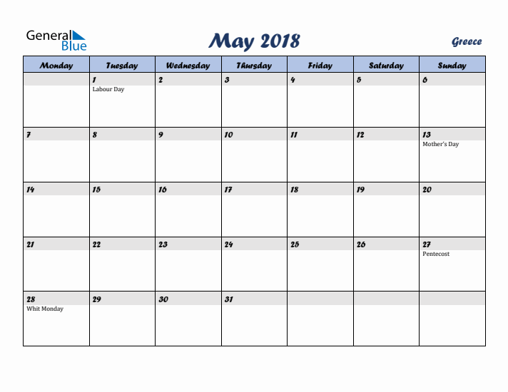 May 2018 Calendar with Holidays in Greece