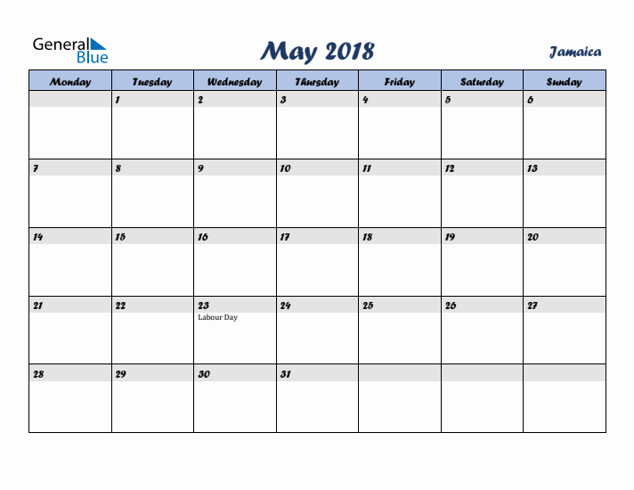 May 2018 Calendar with Holidays in Jamaica