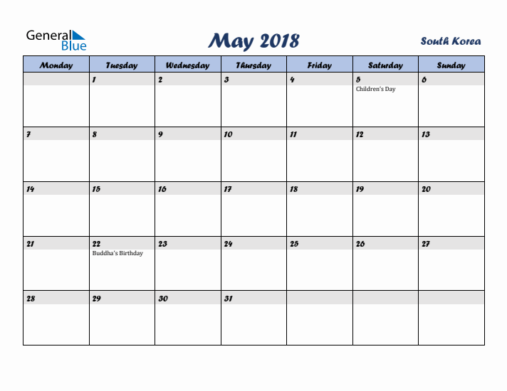 May 2018 Calendar with Holidays in South Korea