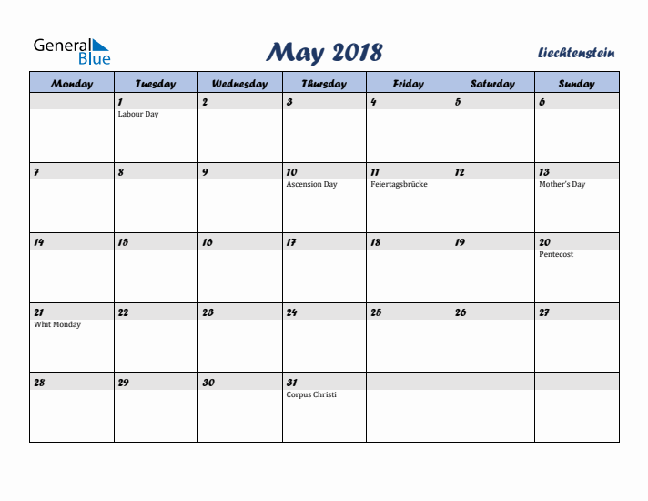 May 2018 Calendar with Holidays in Liechtenstein