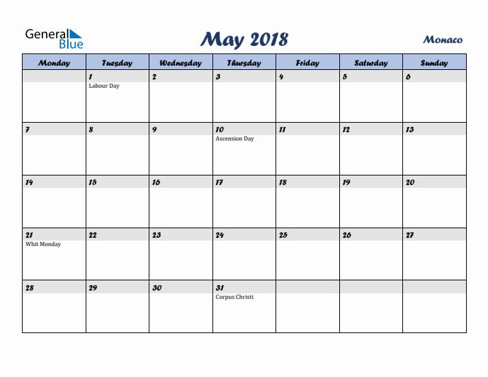 May 2018 Calendar with Holidays in Monaco