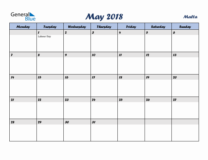 May 2018 Calendar with Holidays in Malta