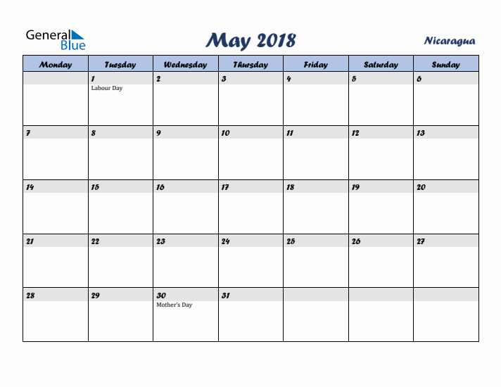 May 2018 Calendar with Holidays in Nicaragua